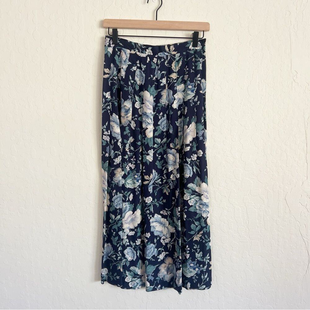 Vintage Pinnacle Pleated Floral Midi Skirt XS Blue 90s Long A-Line Cottagecore